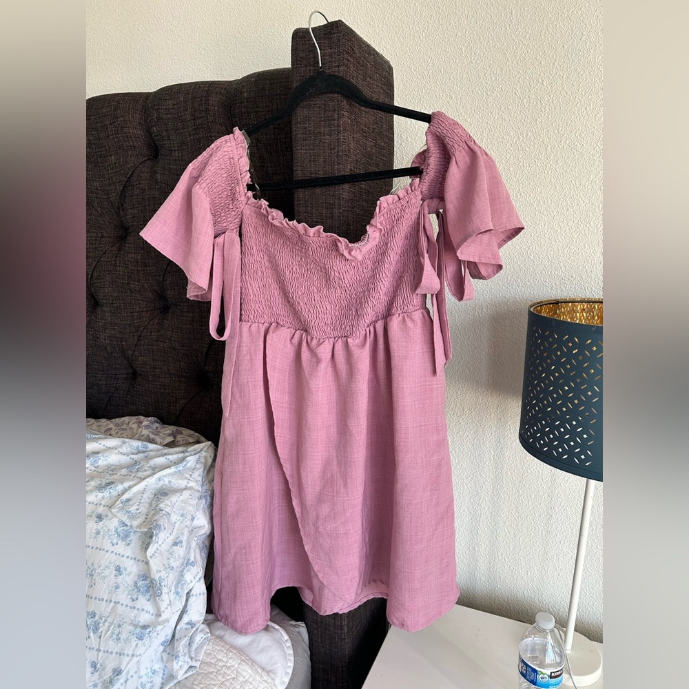 Listicle Pink Flutter Sleeve Smocked Dress off the shoulder